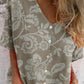 Women's Simple Floral Pattern V-neck Cardigan Style Cotton And Linen Top