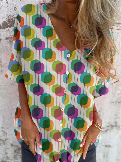 Women's Art Rainbow Color Geometric Irregular Pattern Shirt Style Cotton and Linen Top