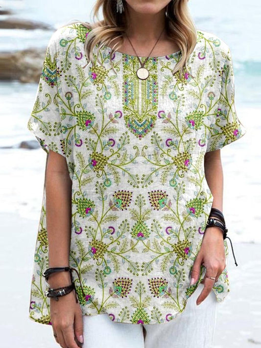 Women's Elegant Boho Geometric Pattern Cotton and Linen Top