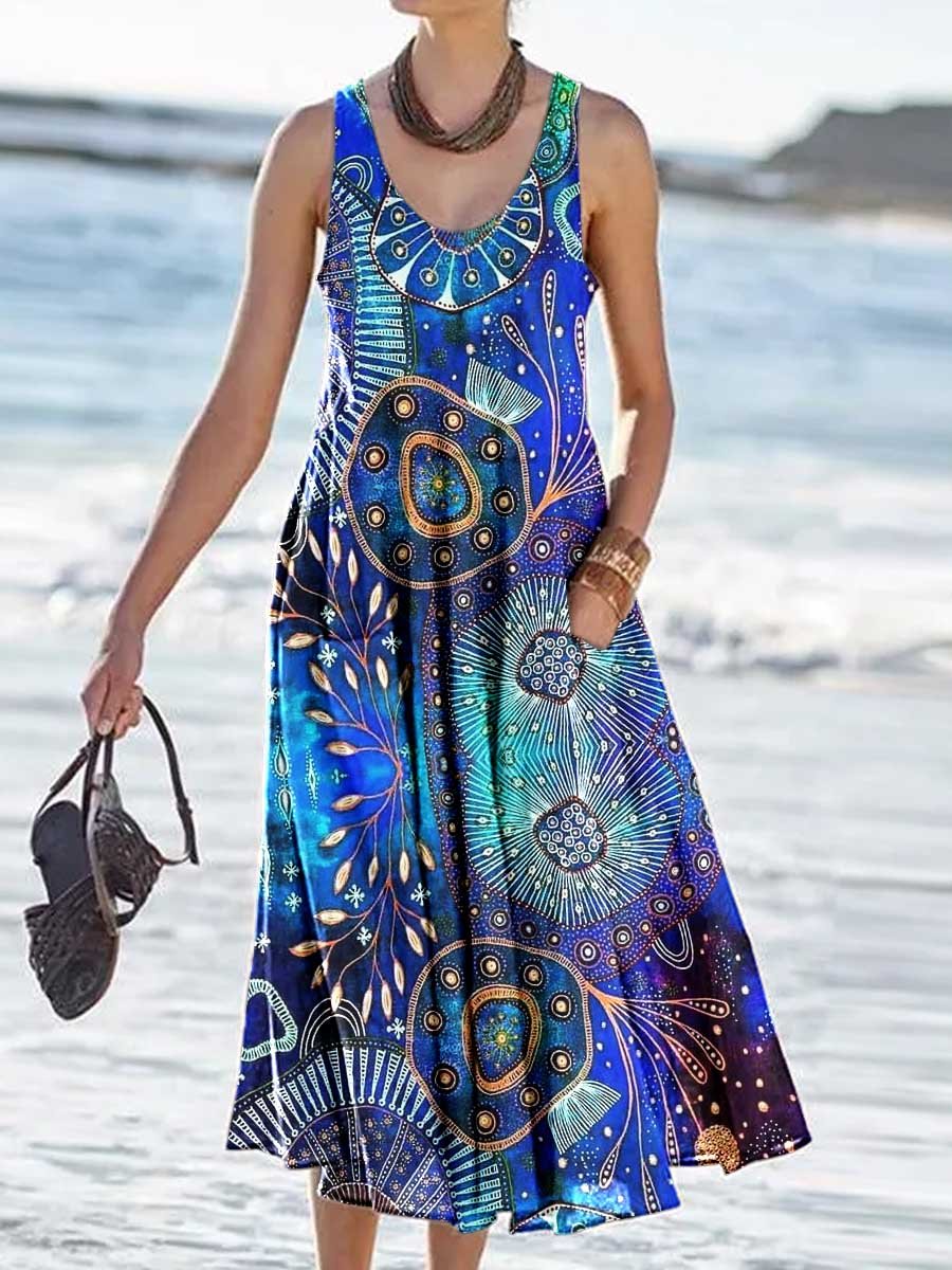 Women's Bohemian Geometric Print Tank Top Dress with Pockets