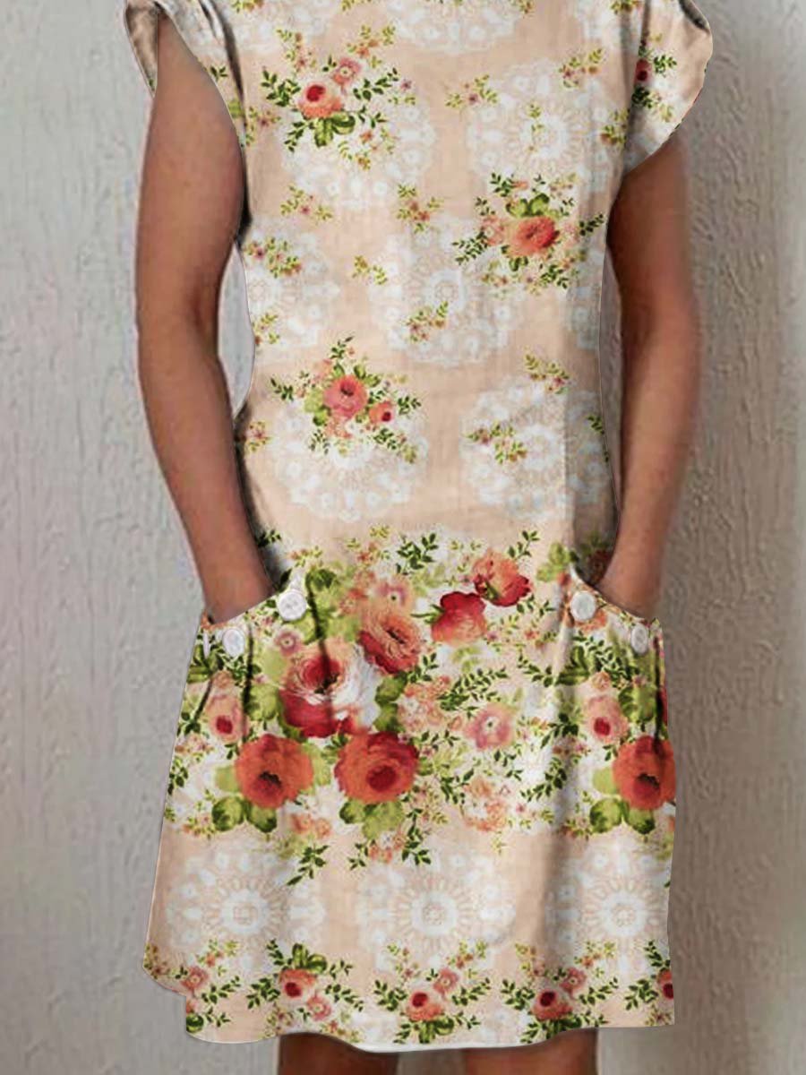 Women's Elegant Floral Pattern Crew Neck Dress