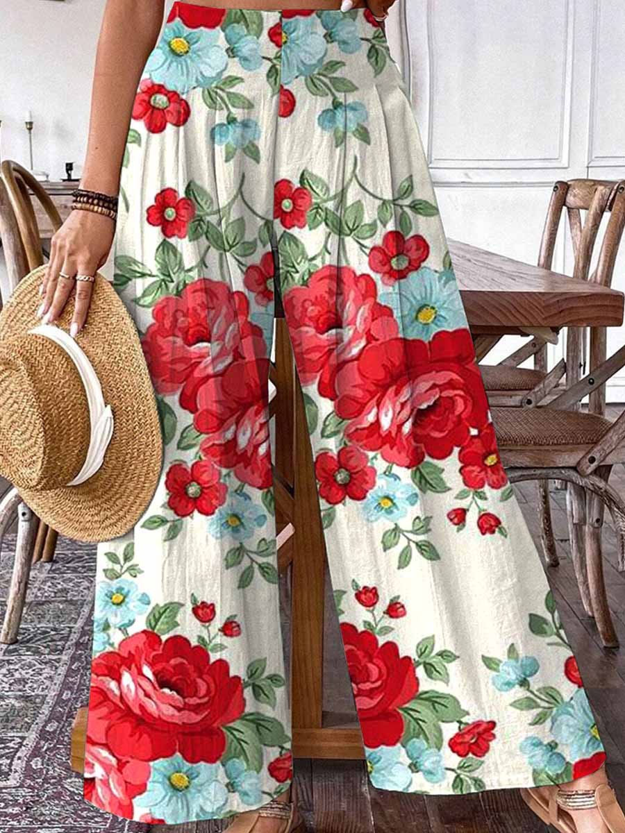 Women's Summer Rose Floral Print Pattern Cotton Wide Leg Pants