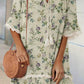 Women's Elegant Rose Floral Print V-Neck Strappy Raw Edge Cotton And Linen Dress