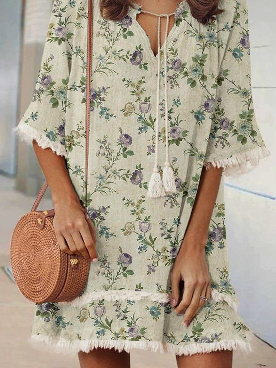 Women's Elegant Rose Floral Print V-Neck Strappy Raw Edge Cotton And Linen Dress