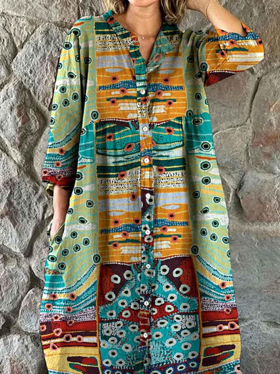 Women's Retro Art Geometric Texture Pattern Shirt Style Cotton And Linen Dress