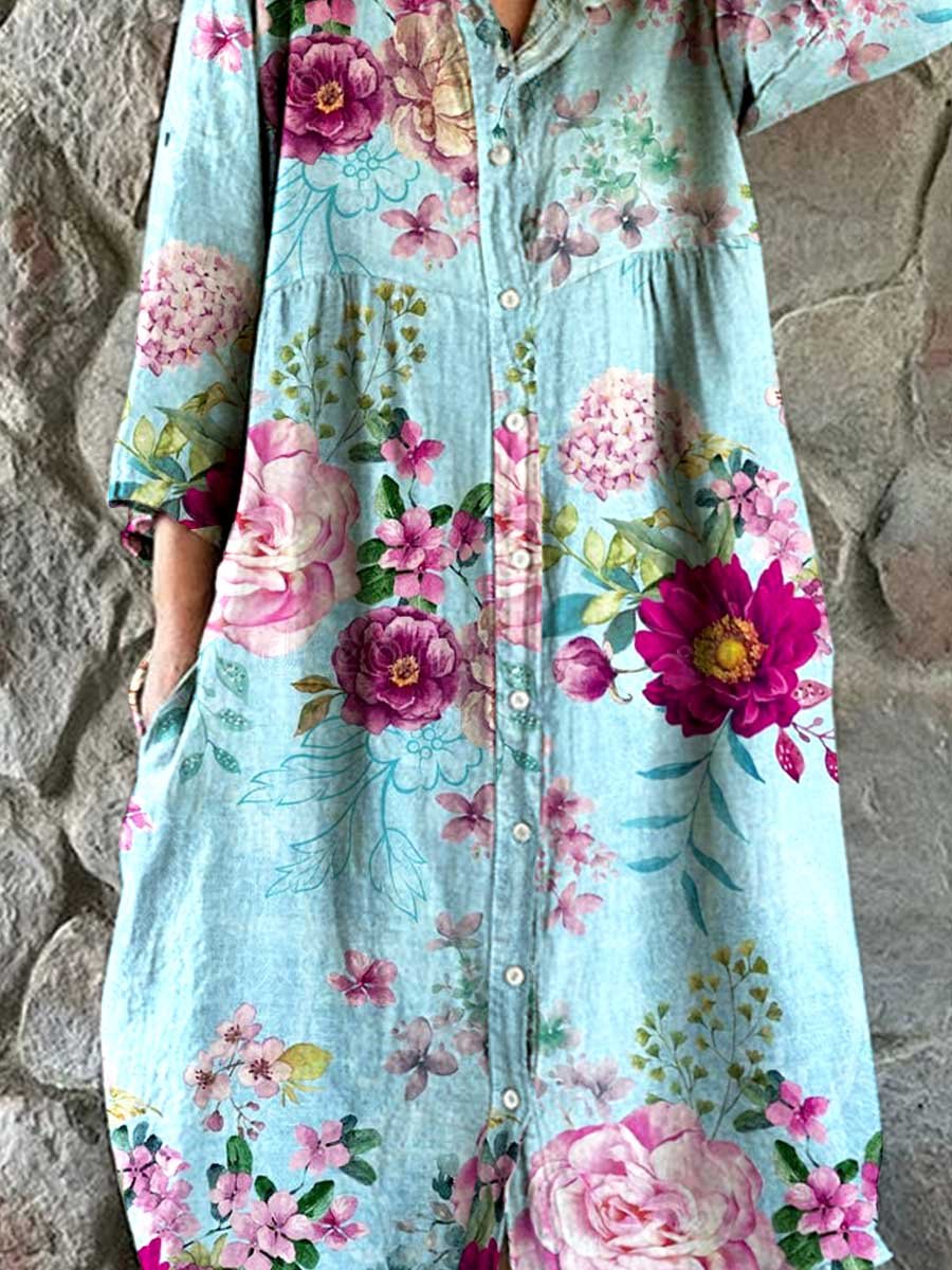 Women's Rose Floral Print Elegant Simple Shirt Cotton and Linen Dress