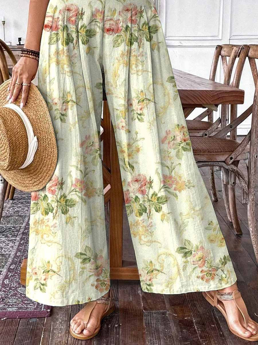 Women's Rose Floral Print Wide Leg Pants