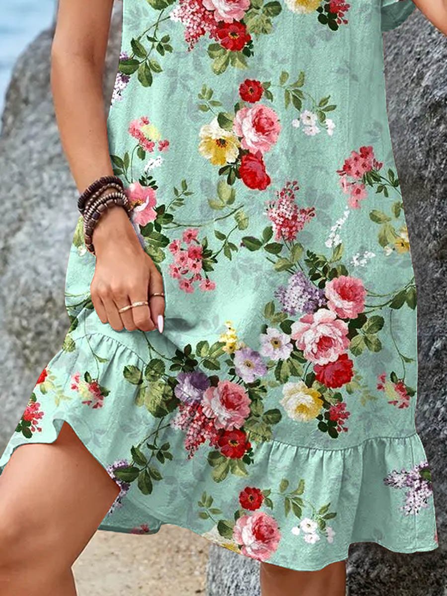 Women's Floral Art Print Crew Neck Casual Petal Sleeve Ruffle Hem Dress