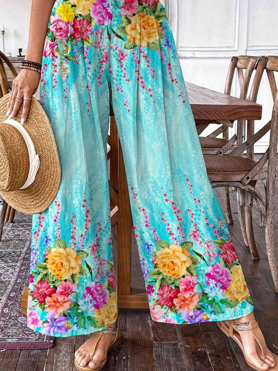 Women's Summer Floral Print Pattern Cotton Wide Leg Pants