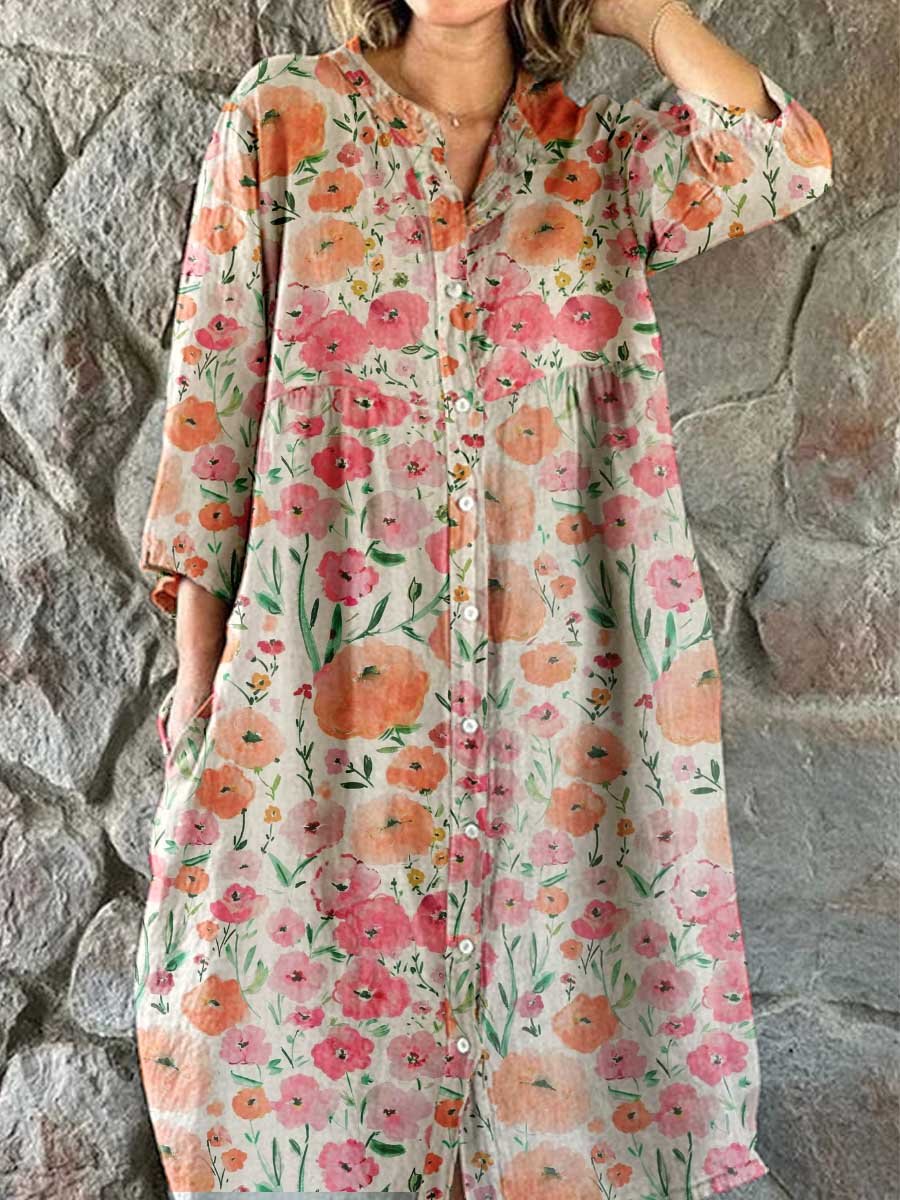 Women's Elegant Vintage Floral Print Shirt Style Cotton and Linen Dress