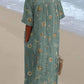 Women's Resort Style Rose Pattern Cotton and Linen V-Neck Dress