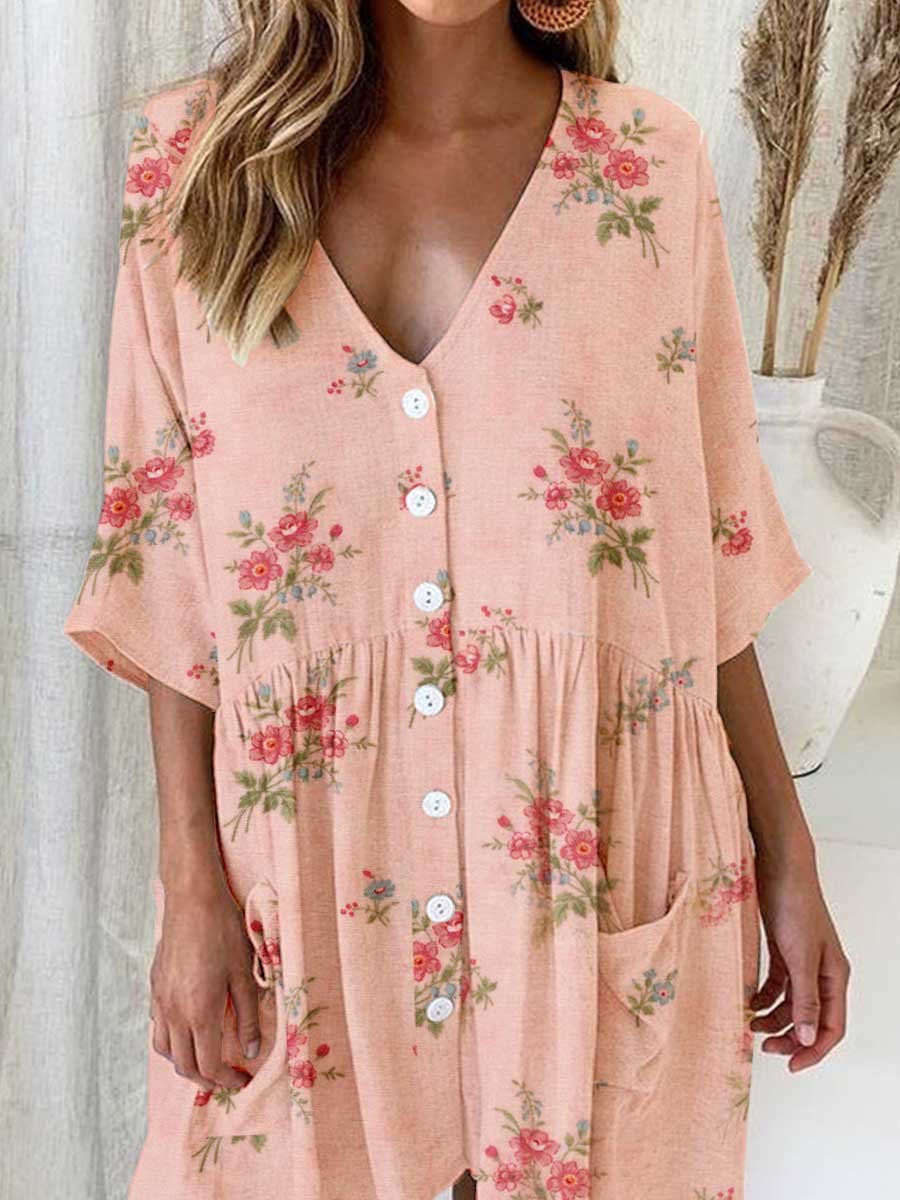 Women's Elegant Rose Floral Pattern V-Neck Cardigan Cotton and Linen Dress