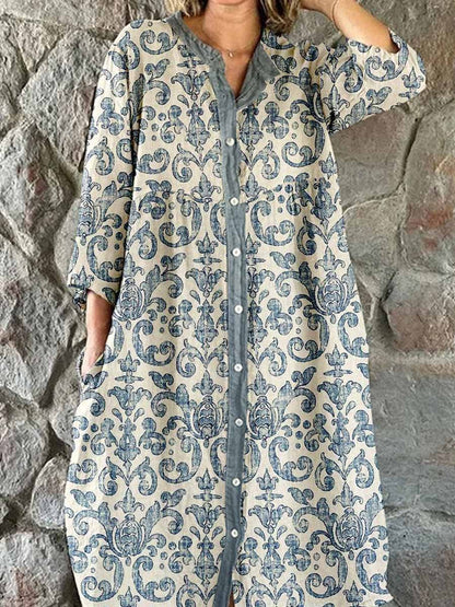 Women's Retro Elegant Floral Shirt Style Cotton and Linen Dress