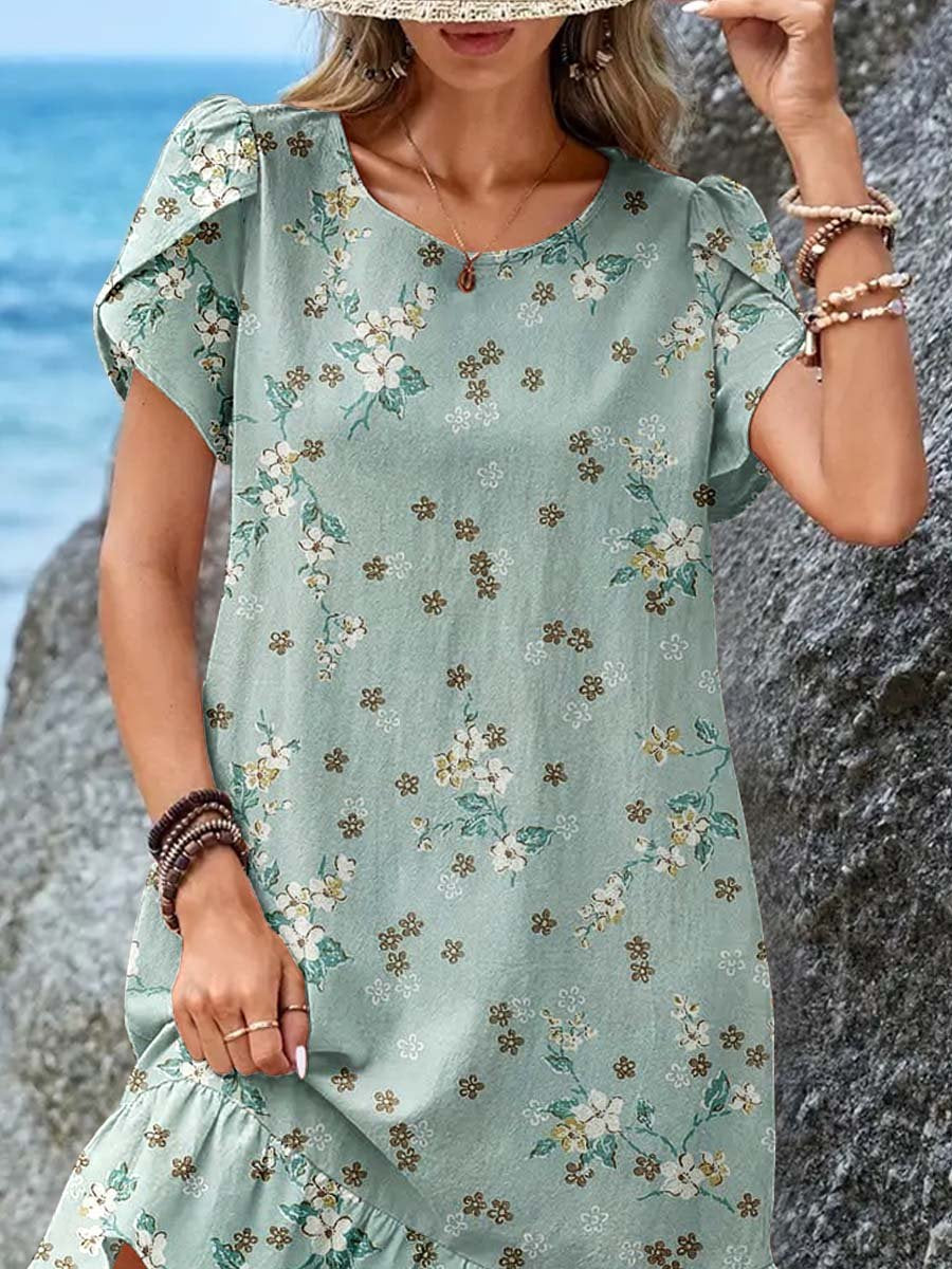 Women's Elegant Simple  Rose Floral Pattern Petal Sleeve Round Neck Dress