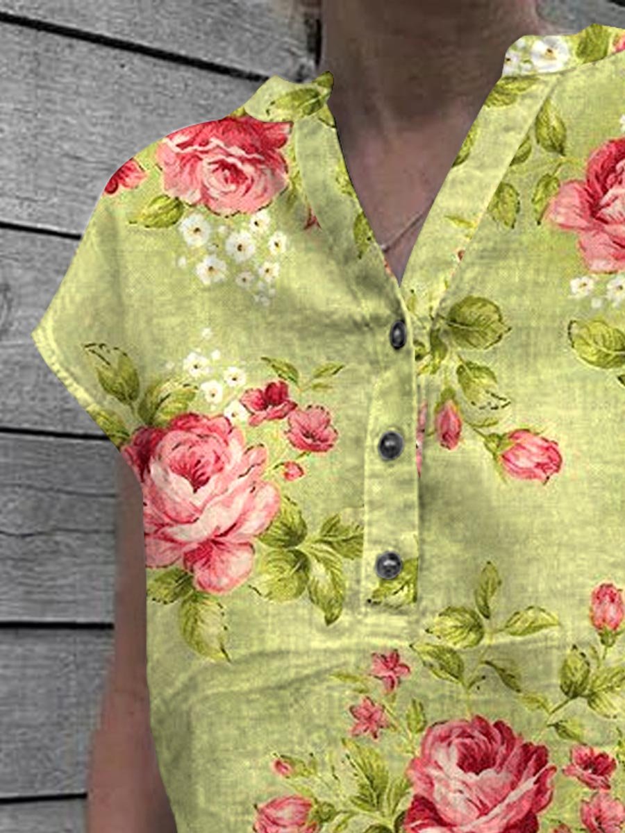 Women's Floral Art Casual Cotton Shirt Top