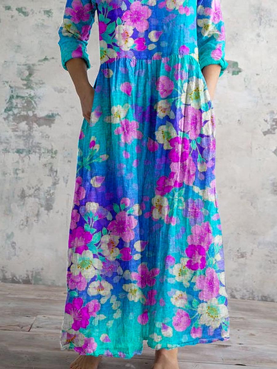 Women's Gradient Floral V-Neck Cotton Dress