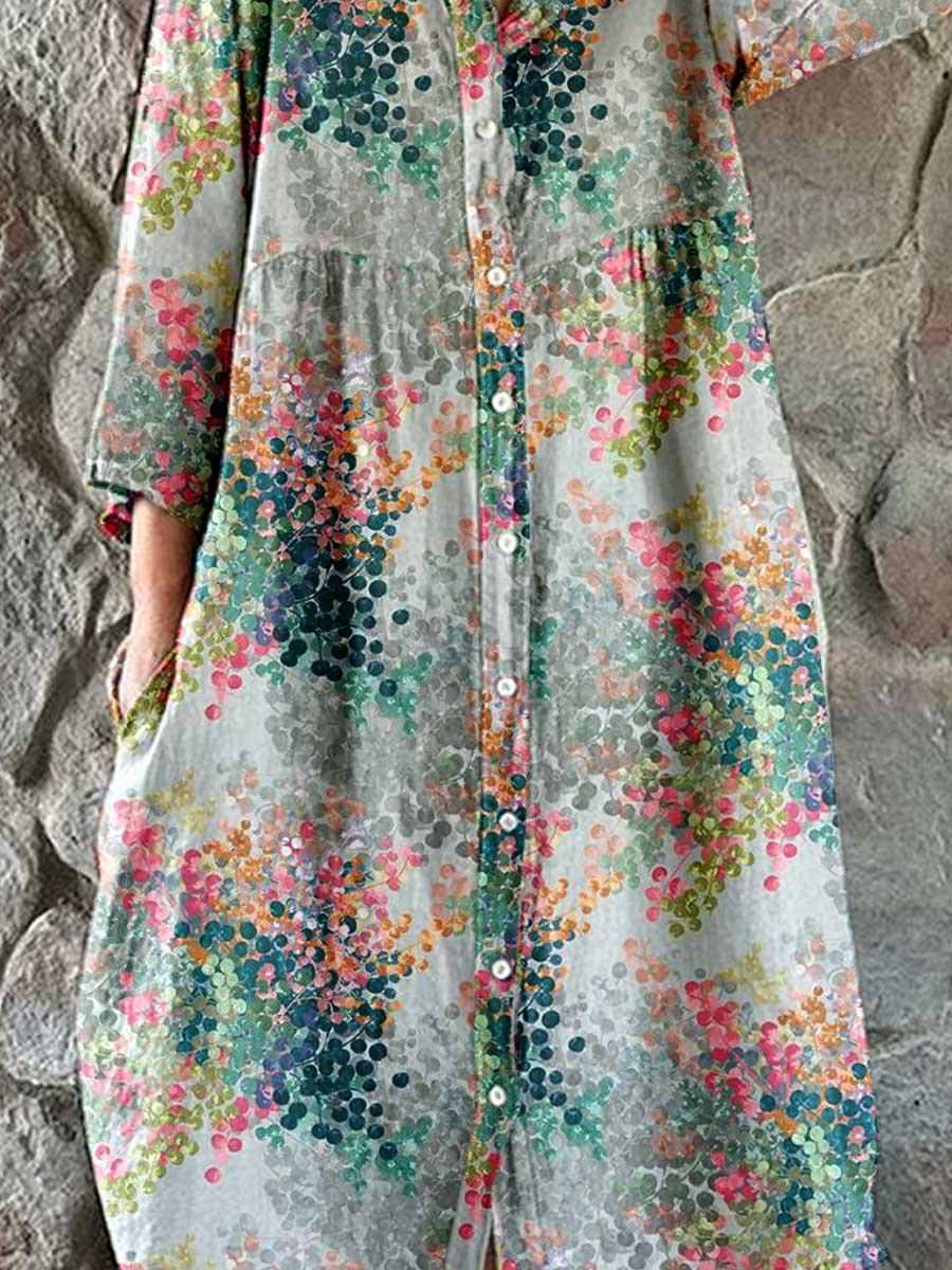 Women's Art Dot Color Shirt Style Cotton and Linen Dress