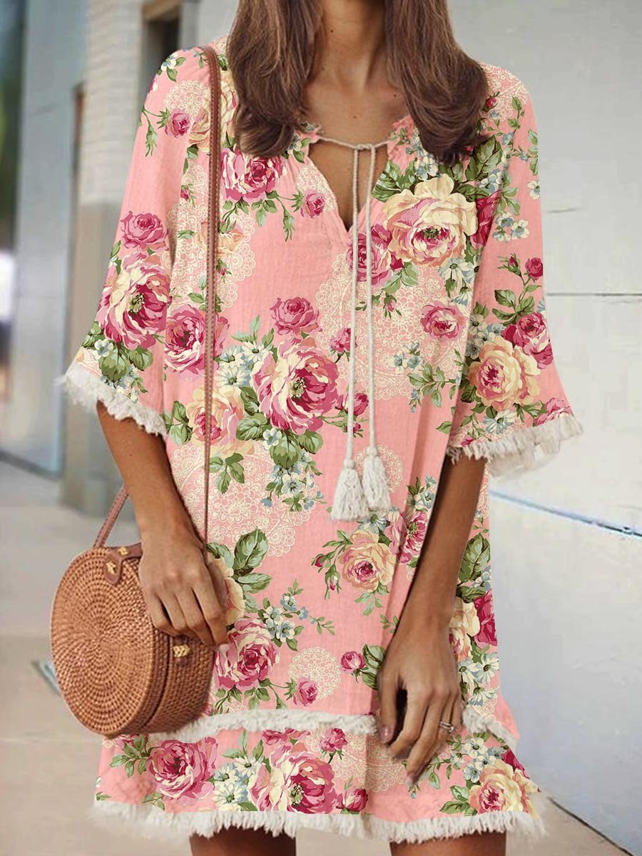 Women's Elegant Rose Floral Print V-Neck Strappy Raw Edge Cotton And Linen Dress