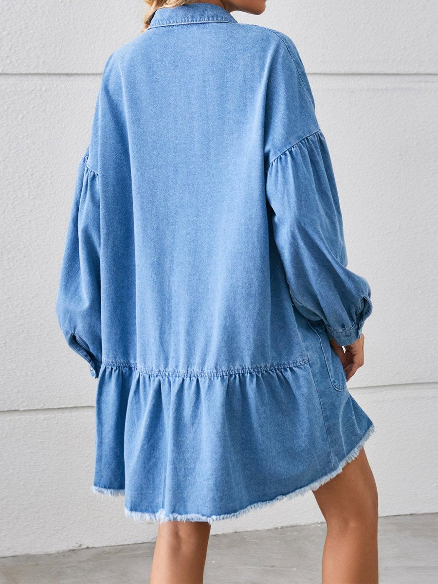 Women's Loose Denim Long Sleeve Raw Edge Dress