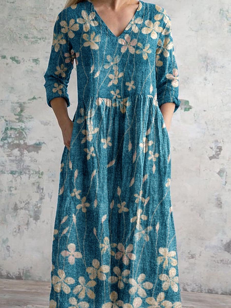 Women's Elegant Simple Floral Pattern V-Neck Cotton Dress