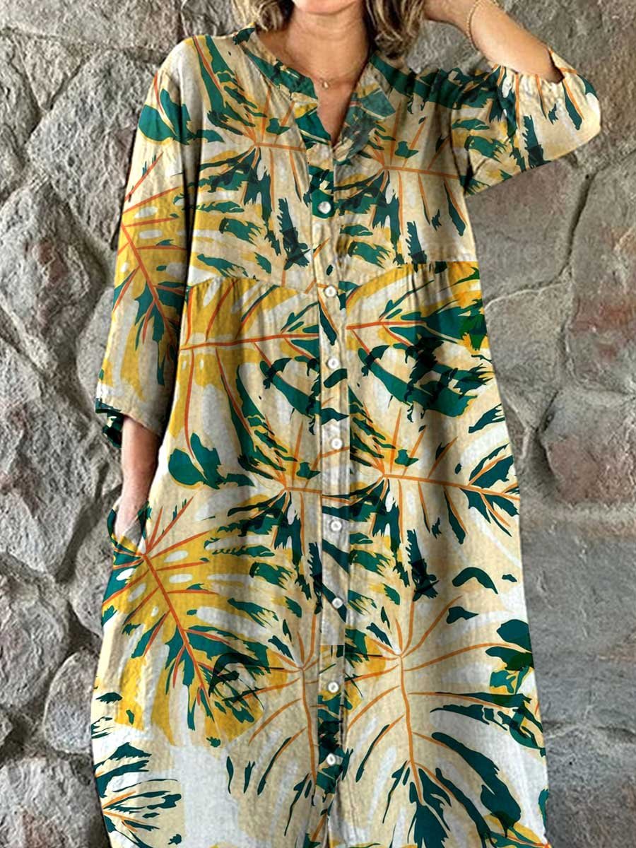 Women's Summer Leaf Pattern Shirt Style Cotton And Linen Dress