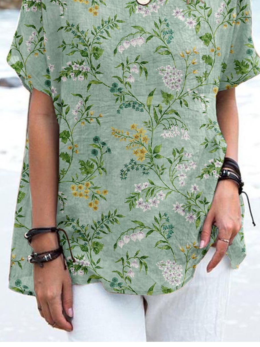 Women's Elegant Floral Cotton and Linen Top