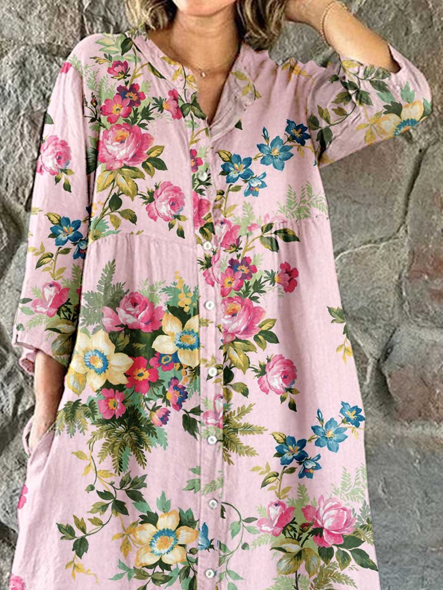 Women's Elegant  Rose Floral Pattern Shirt Style Cotton and Linen Dress