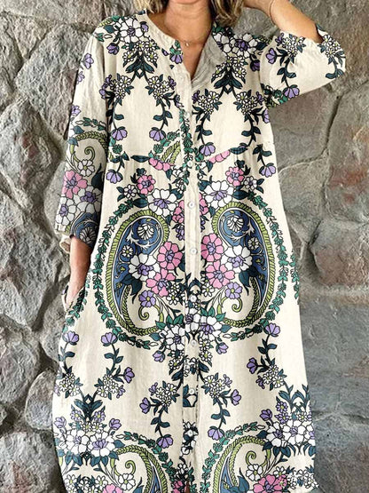 Women's Paisley Shirt Style Cotton And Linen Dress