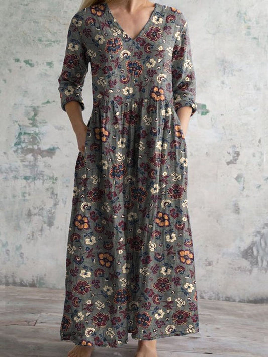 Women's Elegant Vintage Floral Pattern Cotton Dress With Pockets