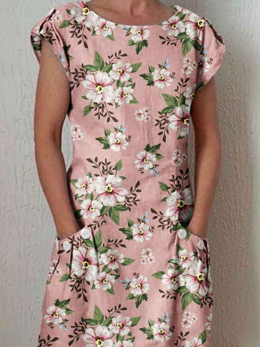 Women's Elegant Floral Pattern Crew Neck Dress