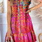 Women's Retro Art Geometric Pattern Ruffle Hem Sleeves Cotton and Linen Dress