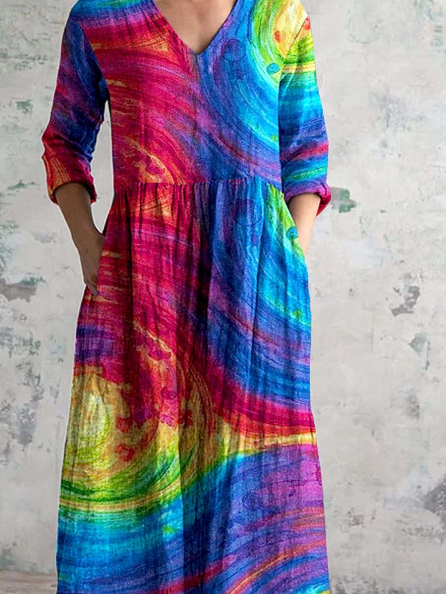 Women's V-Neck Rainbow Gradient Pattern Dress With Pockets