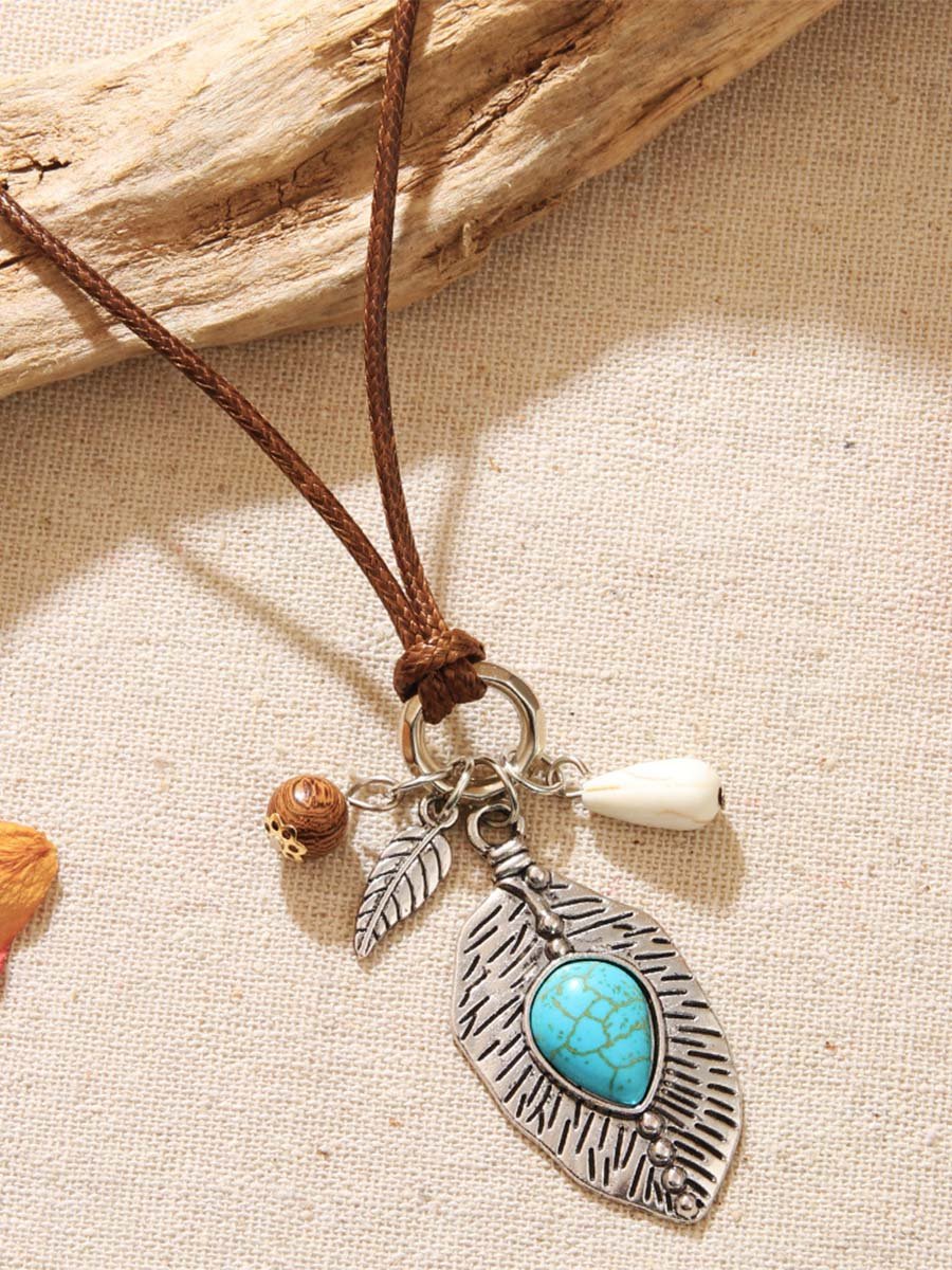 Turquoise Pendant Bohemian Jewelry Wax Rope Necklace