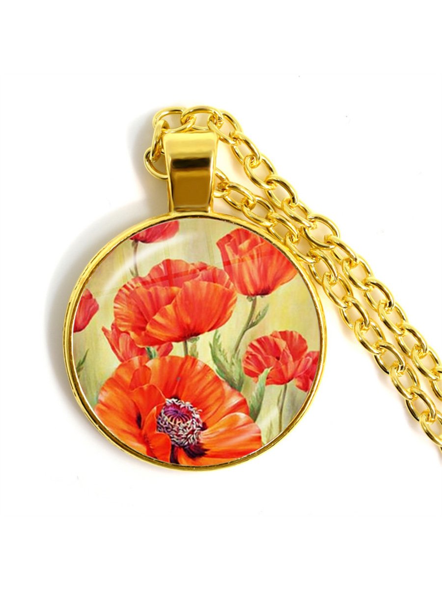 Stylish Poppy Pattern Glass Round Gold Necklace