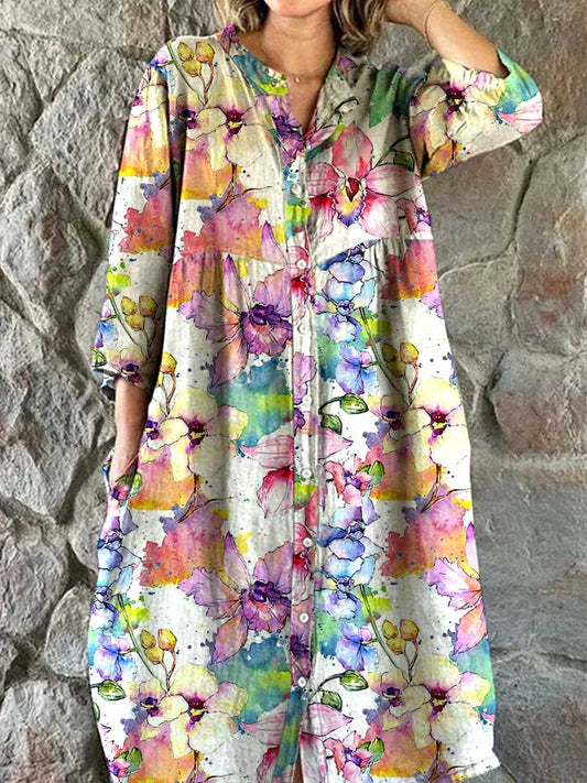 Women's Watercolor Floral Pattern Shirt Cotton And Linen Dress With Pockets