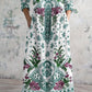 Women's Bohemian Floral V-Neck Cotton and Linen Dress with Pockets