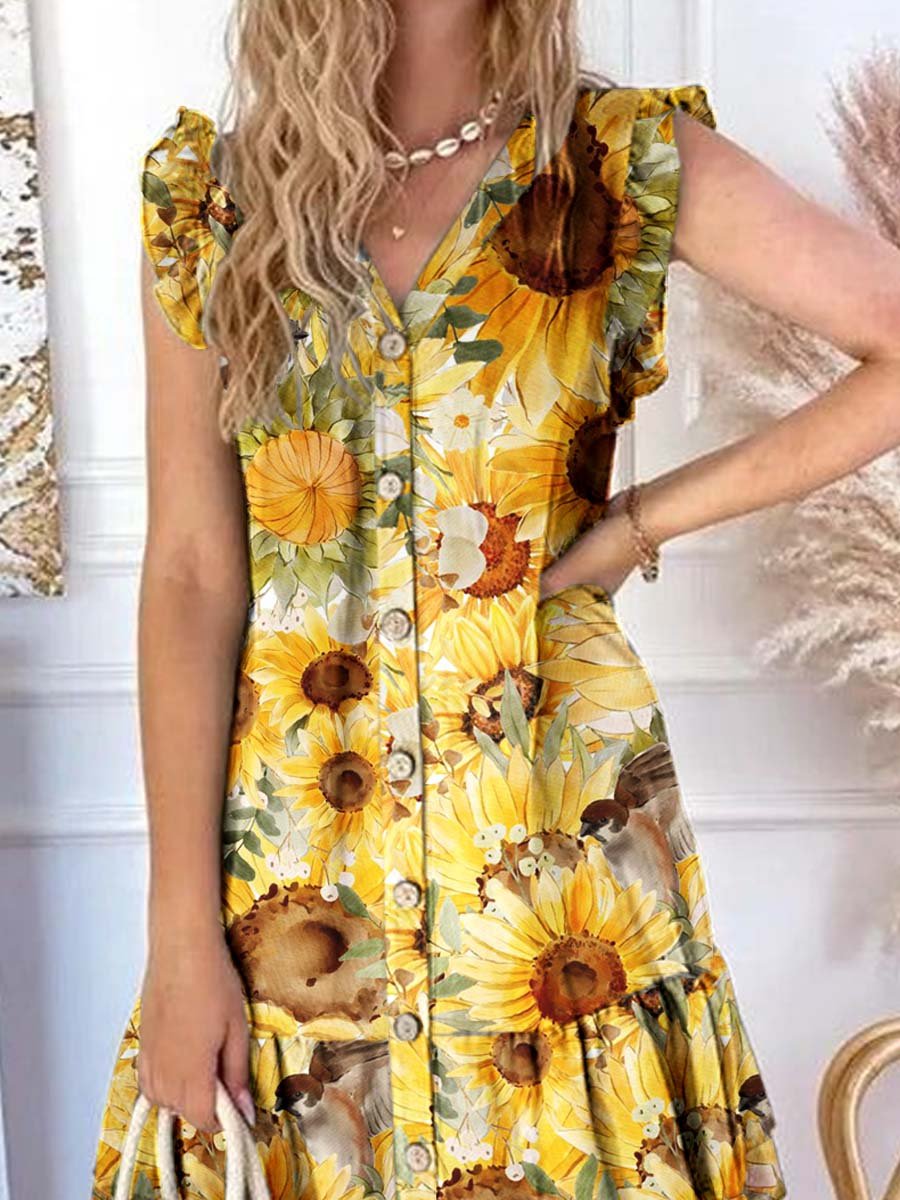 Women's Elegant Sunflower Floral Pattern Graphic Ruffle Sleeve Hem Dress