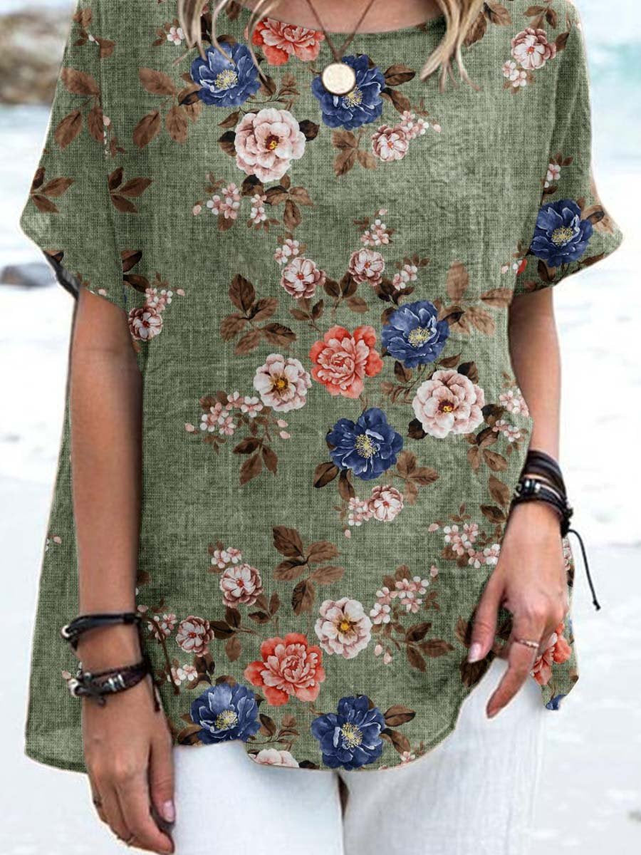 Women's Elegant Vintage Floral Print Cotton and Linen Top