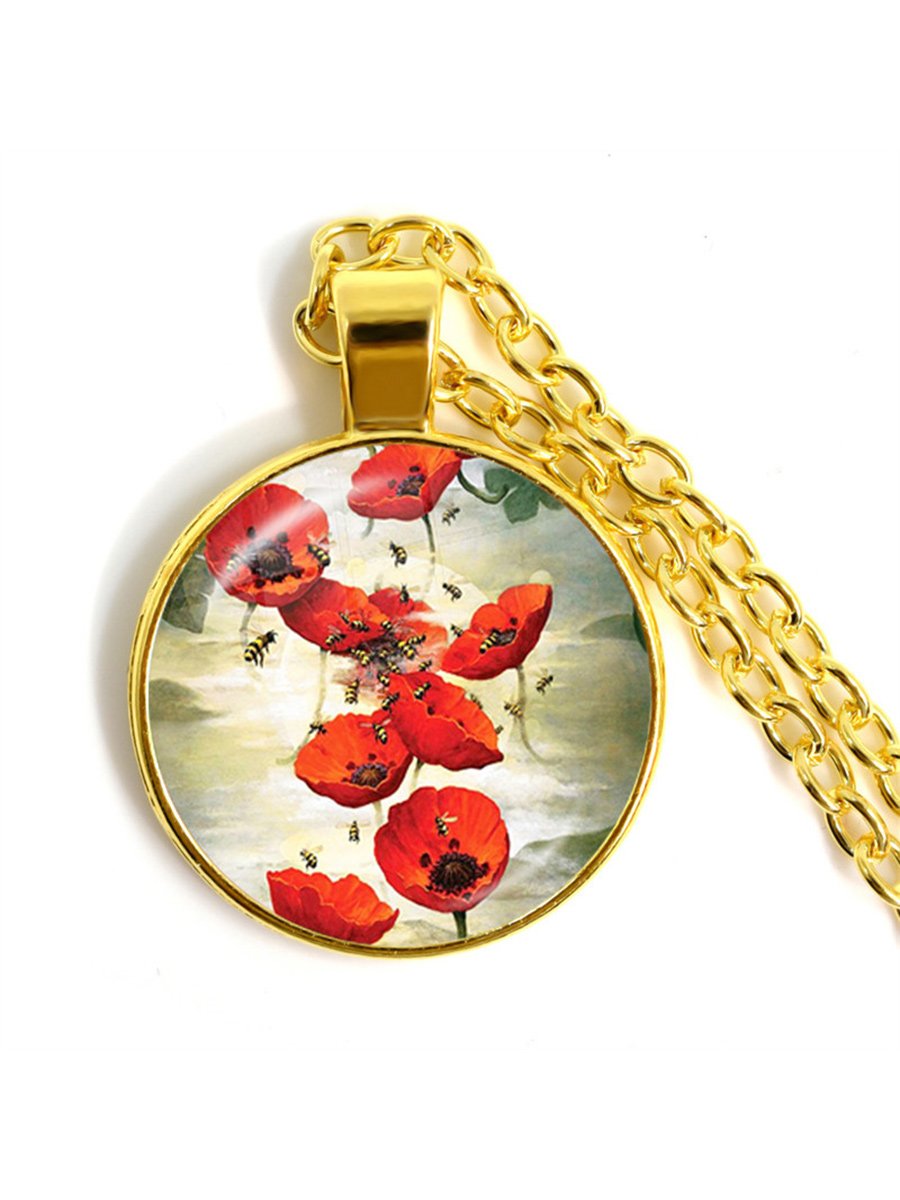 Stylish Poppy Pattern Glass Round Gold Necklace