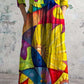 Women's V-neck Rainbow Art Cotton And Linen Dress With Pockets