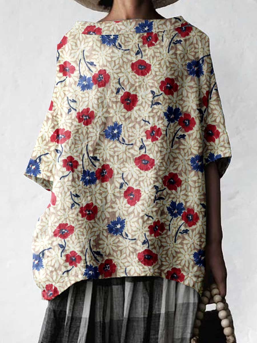 Women's Elegant  Poppy Floral Cotton and Linen Top