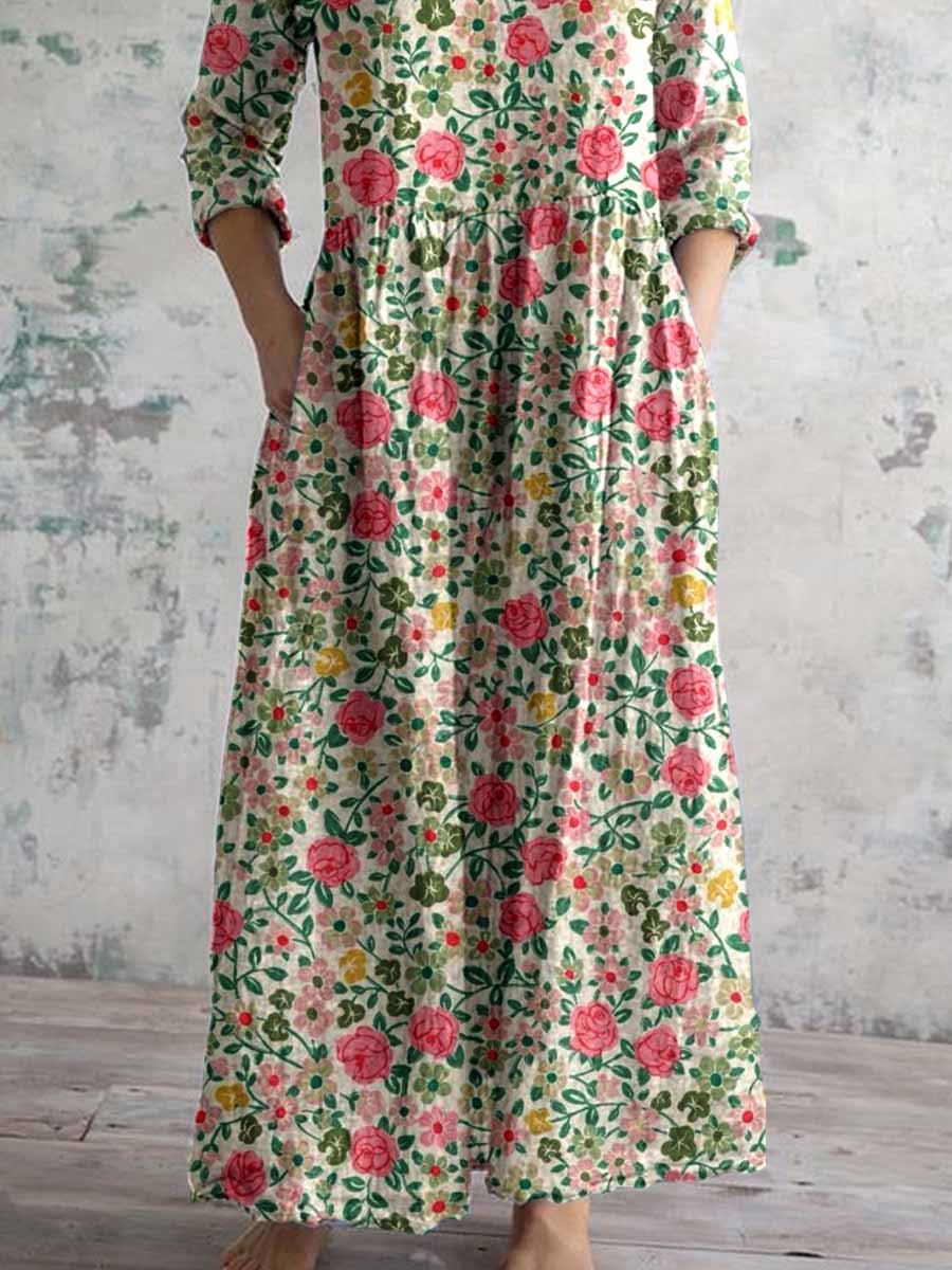 Women's Elegant Pastoral Rose Floral Cotton and Linen Dress with Pockets