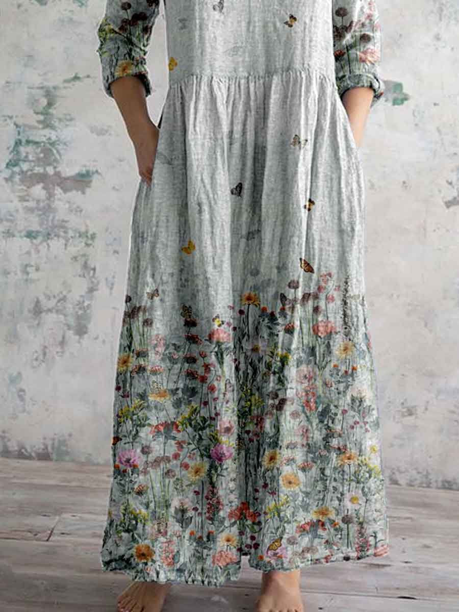 Women's Elegant Butterfly Floral Pattern V-Neck Cotton and Linen Dress