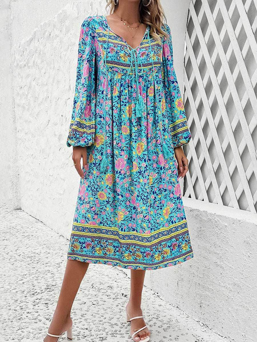 Women's Printed V-Neck Long Sleeve Dress