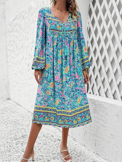 Women's Printed V-Neck Long Sleeve Dress