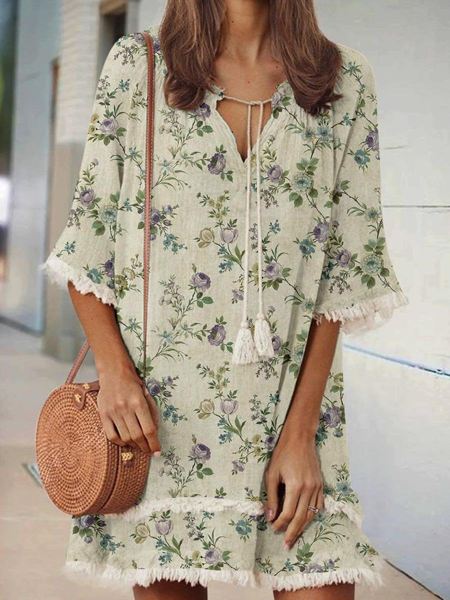 Women's Elegant Rose Floral Print V-Neck Strappy Raw Edge Cotton And Linen Dress