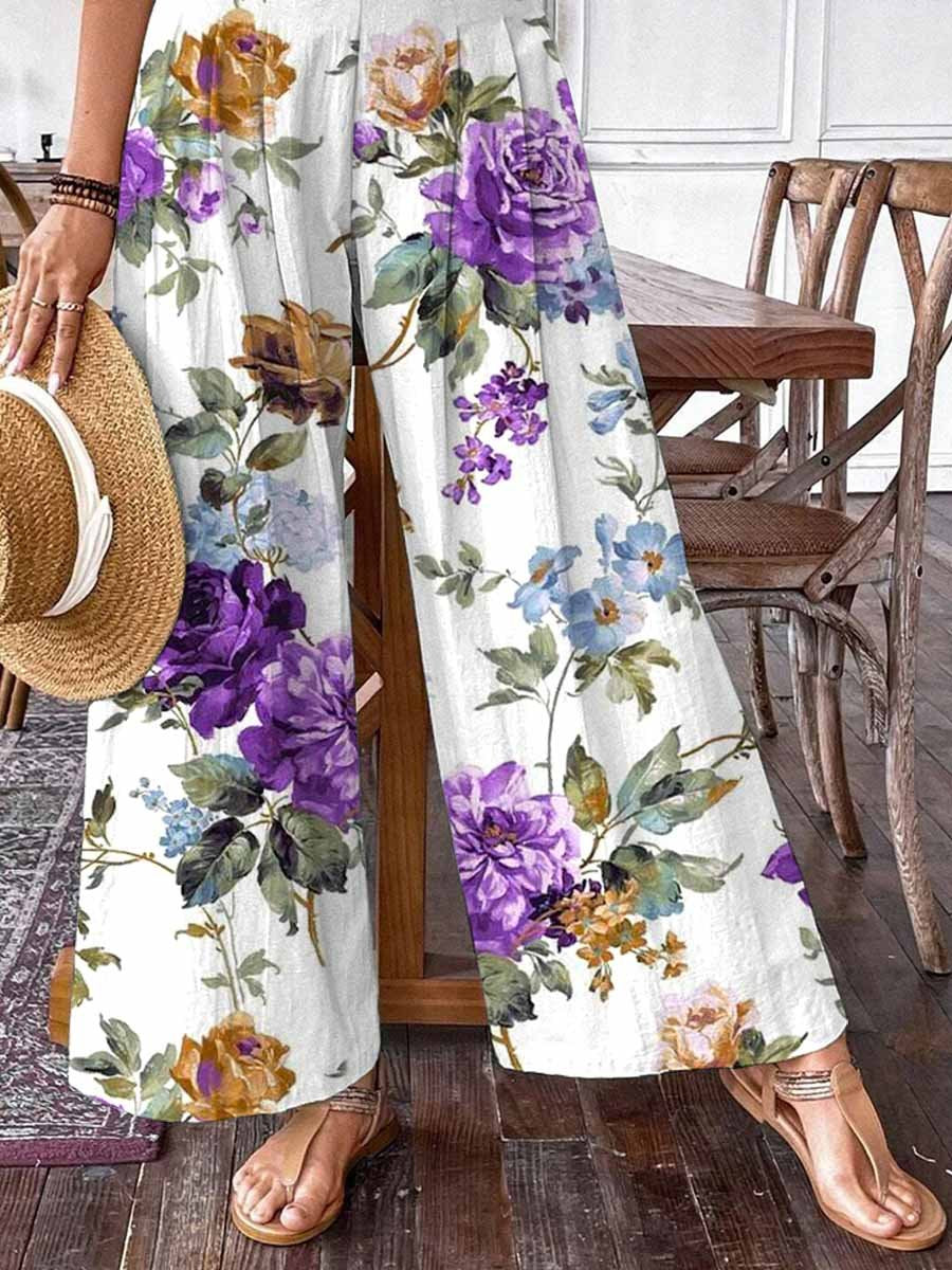 Women's Rose Floral Print Wide Leg Pants