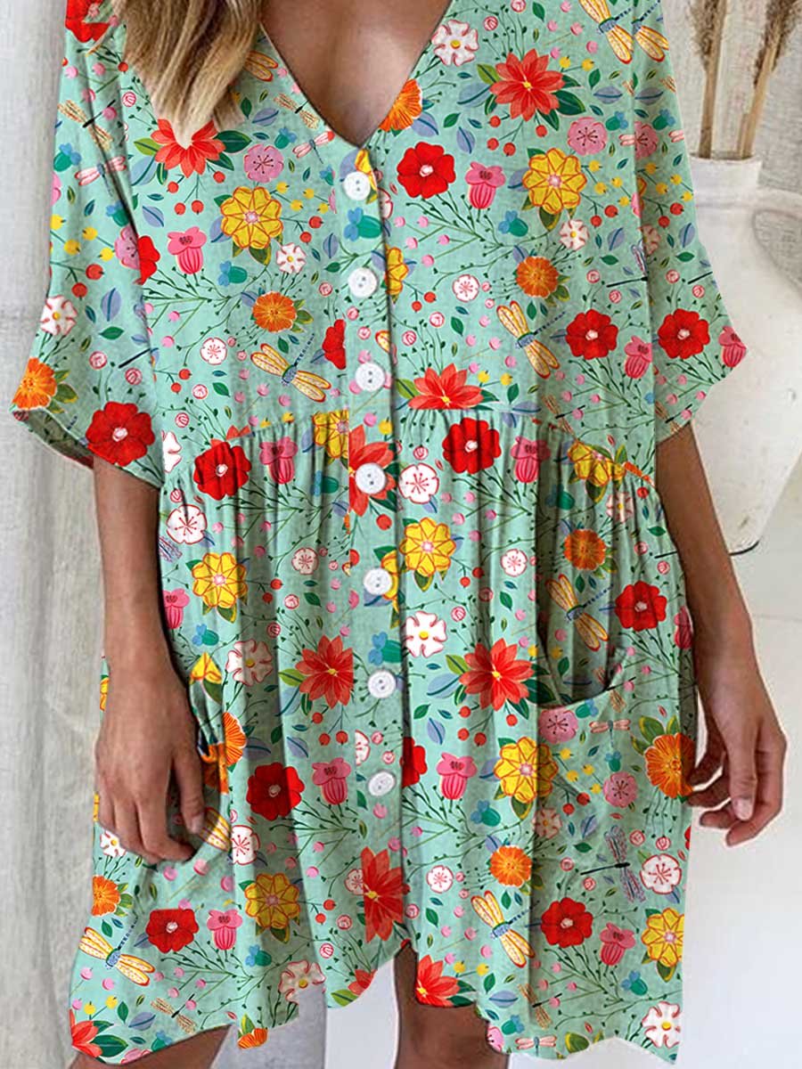 Women's Elegant Rose Floral Pattern Shirt Style Cotton and Linen Dress