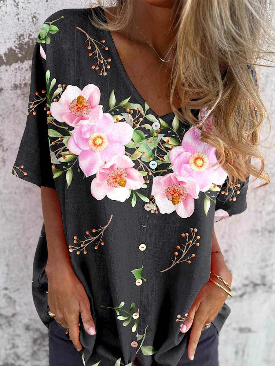 Women's Elegant Floral Pattern V-Neck Shirt Style Cotton and Linen Top