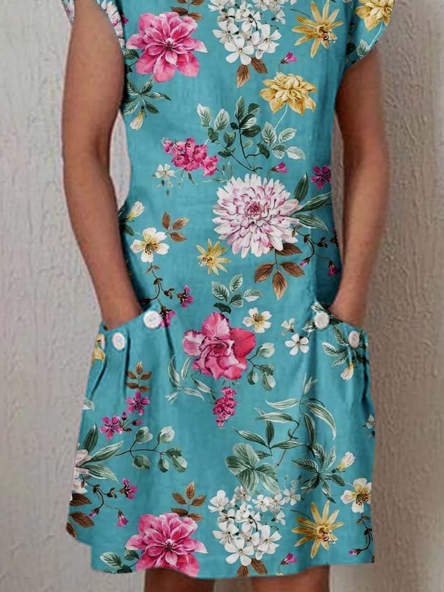 Women's Elegant Floral Pattern Crew Neck Dress